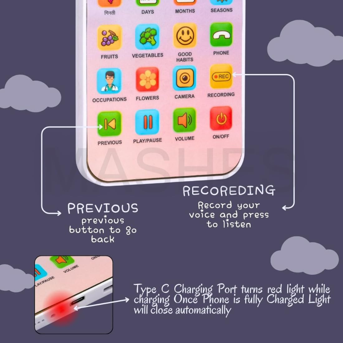 هاتف تعليمي للأطفال من عمر سنتين إلى ١٢ سنة، قابل لإعادة الشحن، ٢٤ وضعية ناطقة، هاتف ذكي للأطفال، لعبة محمولة للأولاد والبنات، هدية عيد الميلاد، مفاجأة عيد الميلاد (نسخة هندية وإنجليزية)