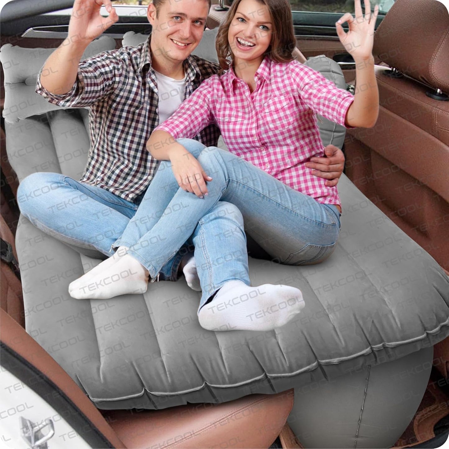 Premium Car Inflatable Bed with Pump & 2 Air Pillow|Quick Inflatable Back Seat Bed|Car Inflatable Mattress|Car Bed Mattress|Car Bed For Kids,Travel,Trips,Camping,Picnic,Pool &Beach|Universal Fit|Grey/