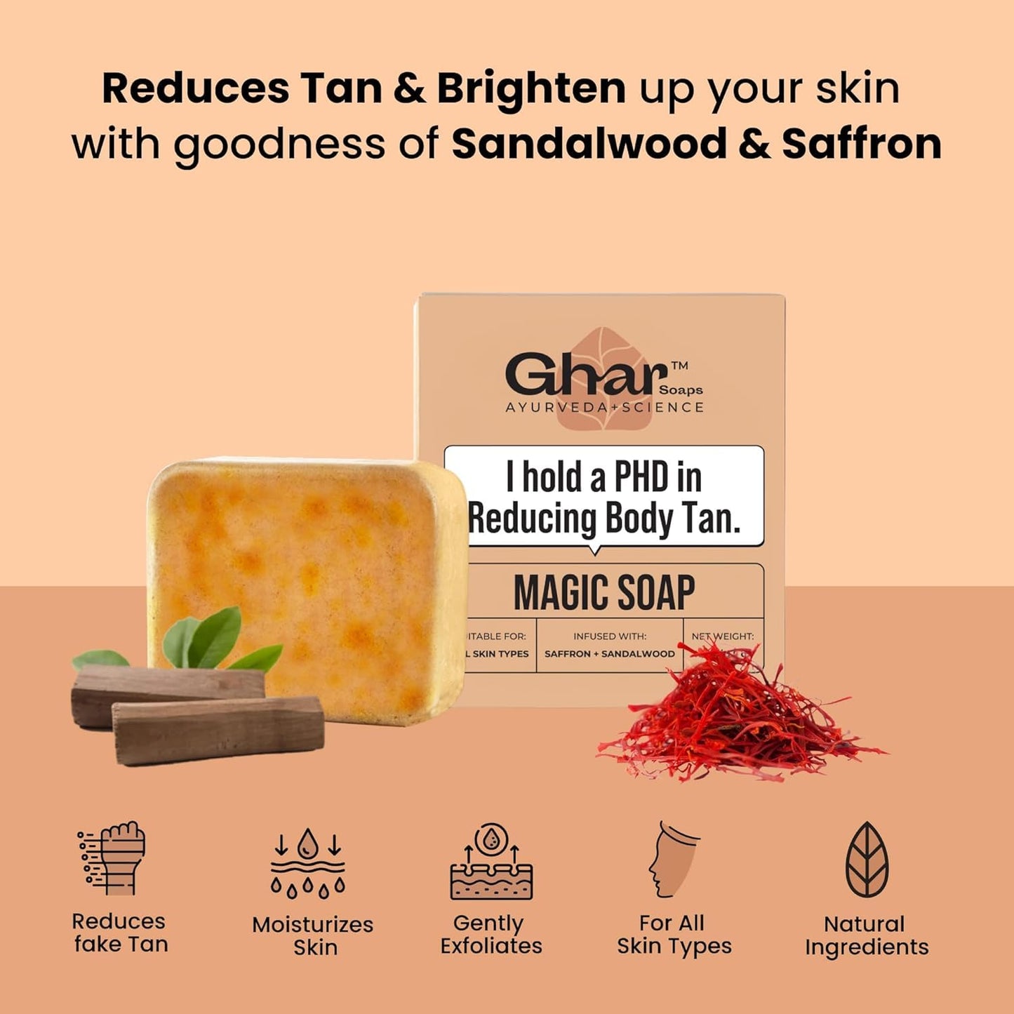 Ghar Soaps Sandalwood & Saffron Magic Soaps For Bath (300 Gms Pack Of 3) | Paraben Free | Chandan & Kesar Bath Soap | Handmade Soaps For Glowing | Skin Brightening Soap For Men & Women