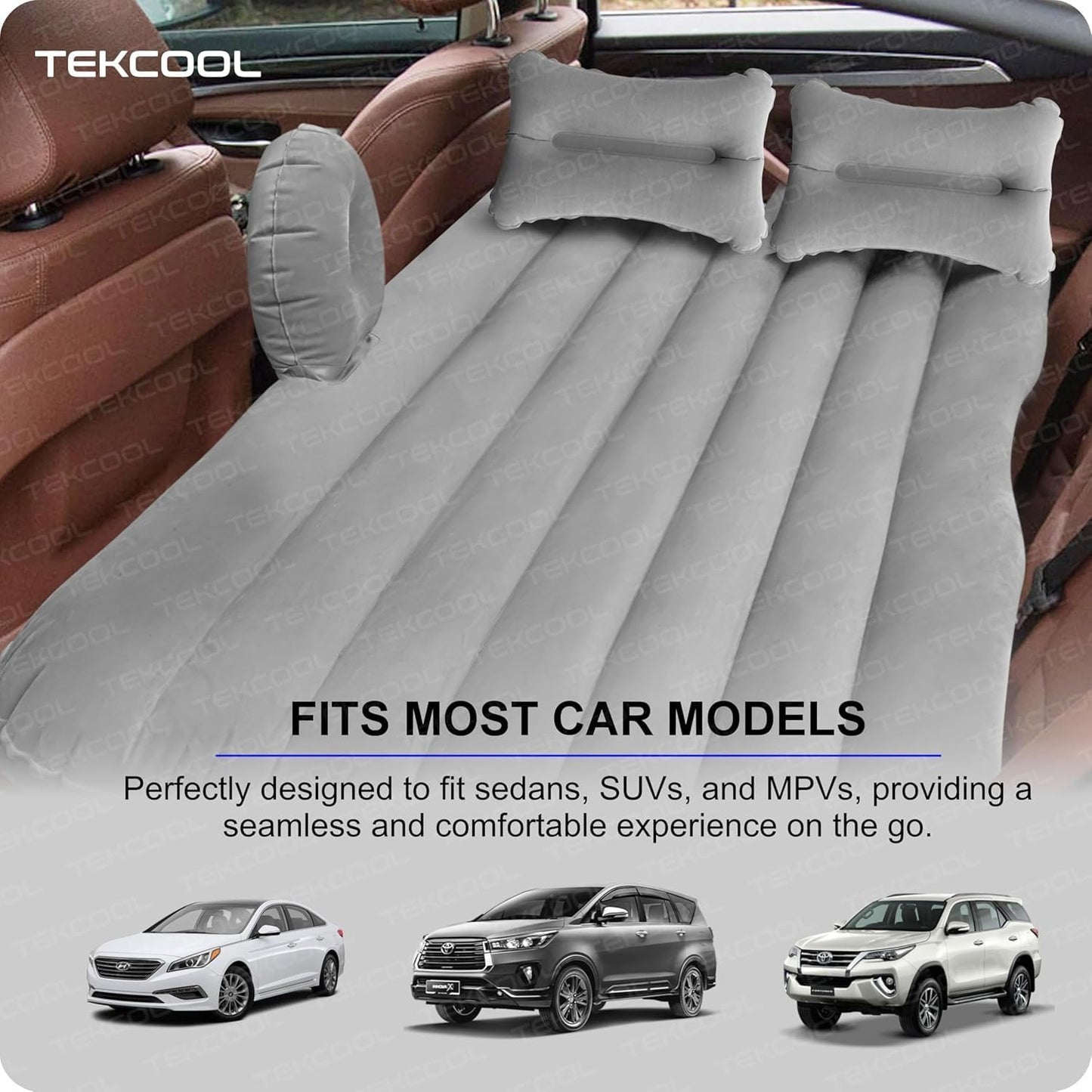 Premium Car Inflatable Bed with Pump & 2 Air Pillow|Quick Inflatable Back Seat Bed|Car Inflatable Mattress|Car Bed Mattress|Car Bed For Kids,Travel,Trips,Camping,Picnic,Pool &Beach|Universal Fit|Grey/
