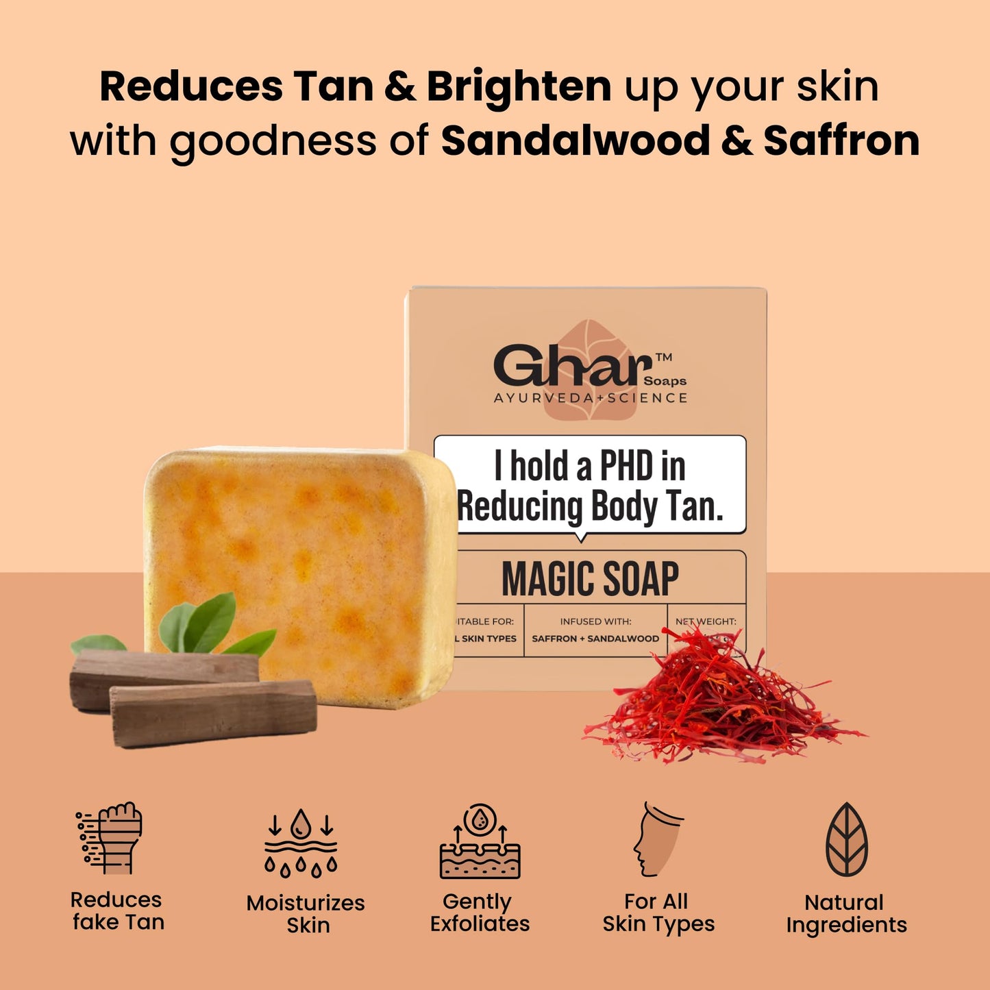 Ghar Soaps Sandalwood & Saffron Magic Soaps For Bath (300 Gms Pack Of 3) | Paraben Free | Chandan & Kesar Bath Soap | Handmade Soaps For Glowing | Skin Brightening Soap For Men & Women